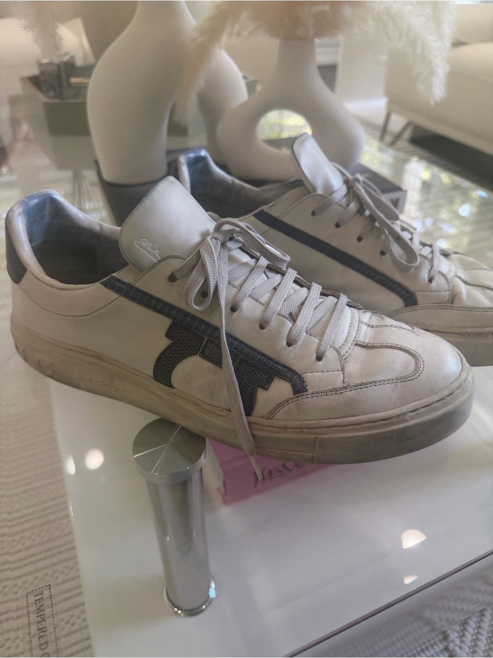 Salvatore Ferragamo White Leather Sneakers with Black Detailing